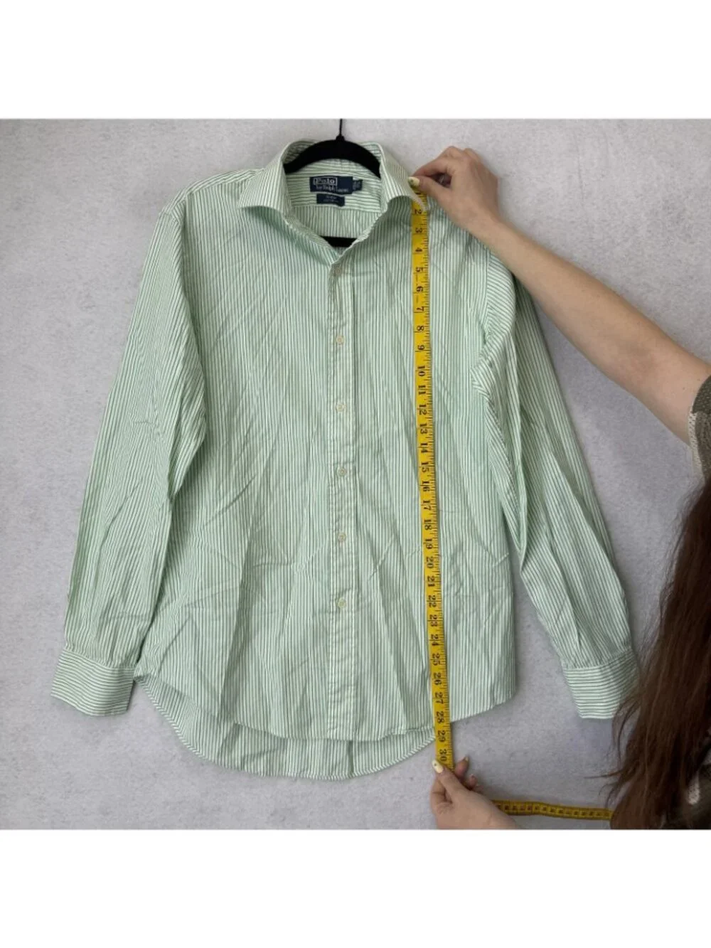 Polo Ralph Lauren Shirt Mens 15.5 Green Striped Custom Fit Long Sleeve Dress